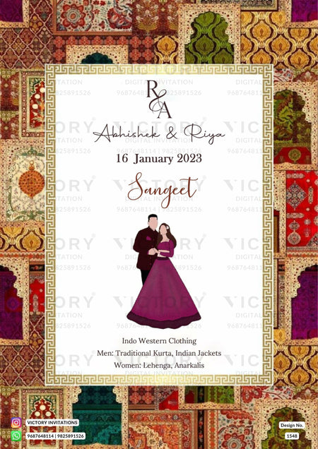 White and Vibrant Shaded Traditional Indian Vintage Theme Online Wedding Cards with Festive Indian Couple No-face Caricature Illustrations