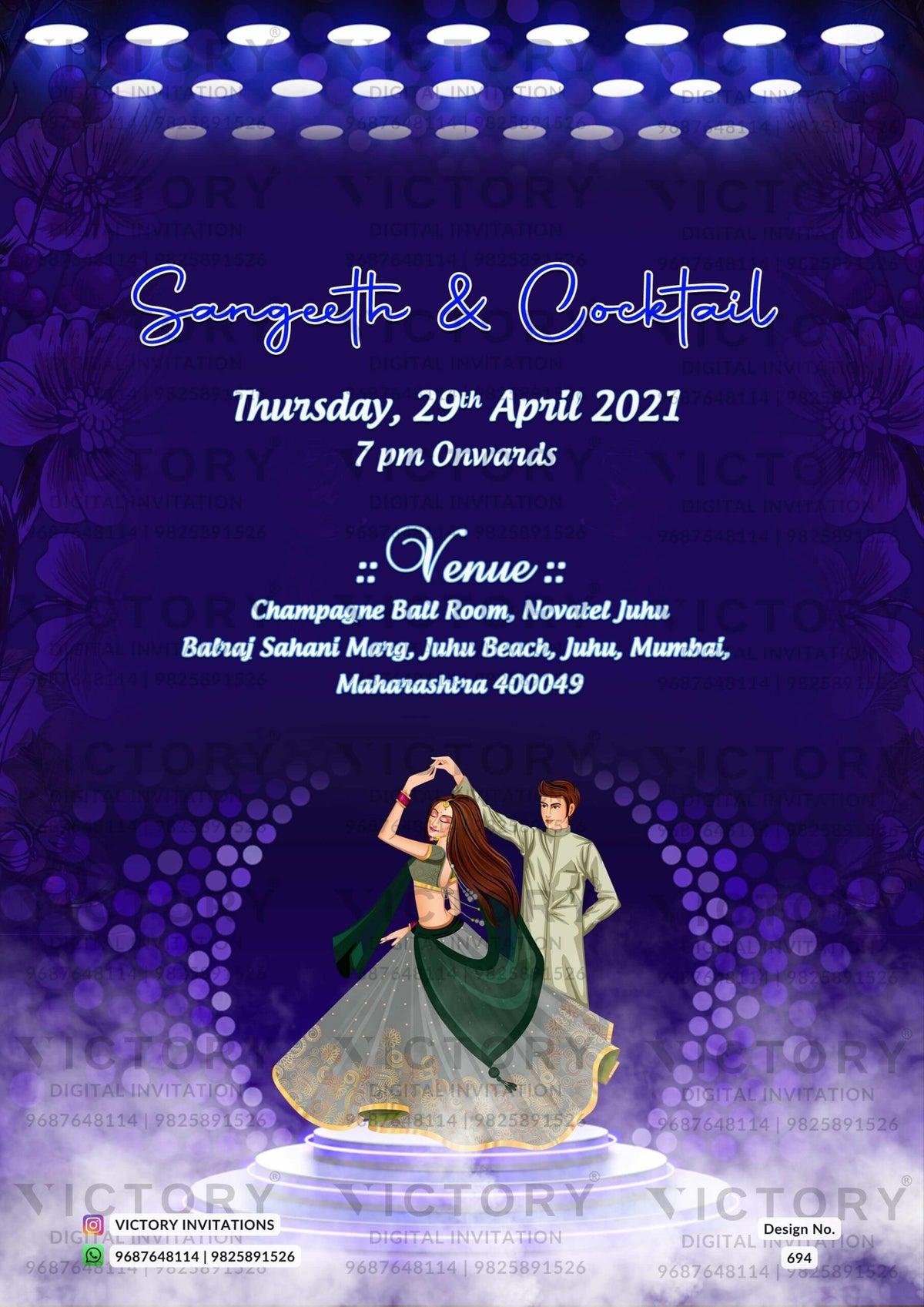 Traditional Vibrant Shaded Floral Vintage Theme Luxurious Wedding Invites with Festive Indian Backdrops and Indian Bride and Groom Doodle Illustrations, design no. 694