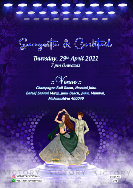 Traditional Vibrant Shaded Floral Vintage Theme Luxurious Wedding Invites with Festive Indian Backdrops and Indian Bride and Groom Doodle Illustrations, design no. 694