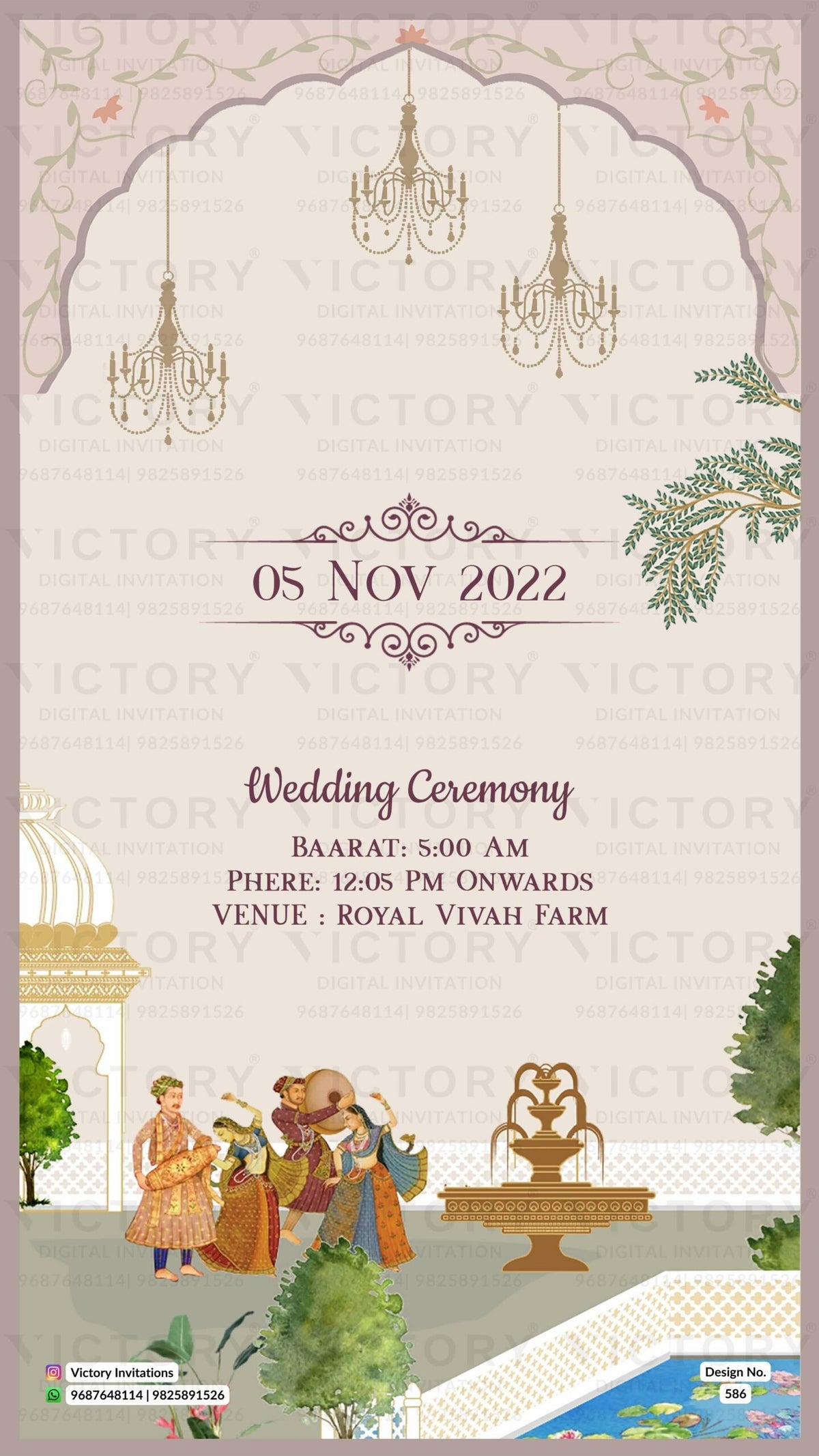 Traditional Floral Pastel Ivory and Green Vintage Theme Online Wedding Invitations with Vibrant Indian Folk Artists Illustrations