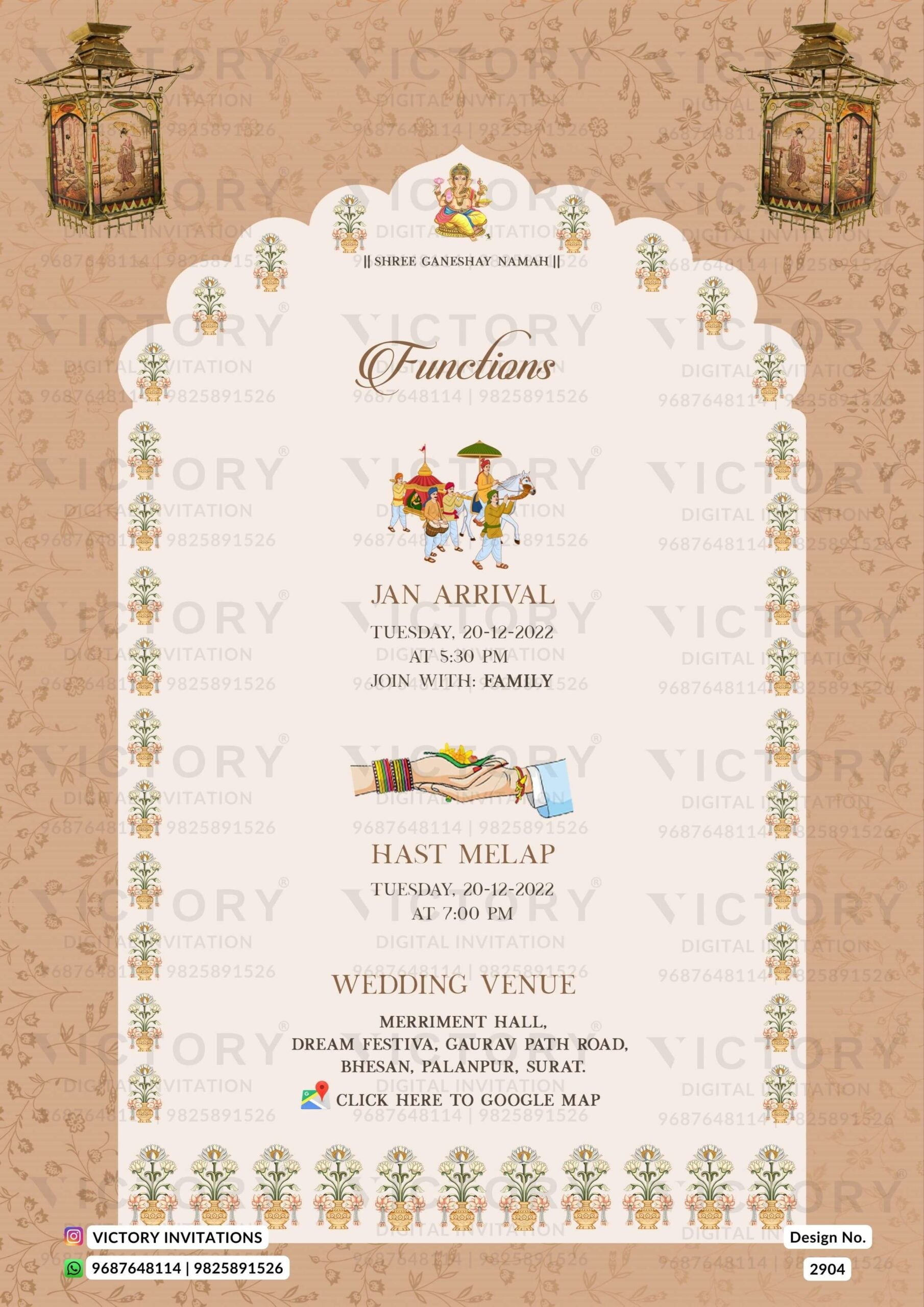 Pastel Shaded Vintage Floral Theme Indian Electronic Wedding Invites with Classic Wedding Doodle Illustrations, Design no. 2904