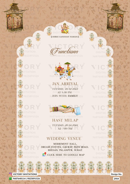 Pastel Shaded Vintage Floral Theme Indian Electronic Wedding Invites with Classic Wedding Doodle Illustrations, Design no. 2904