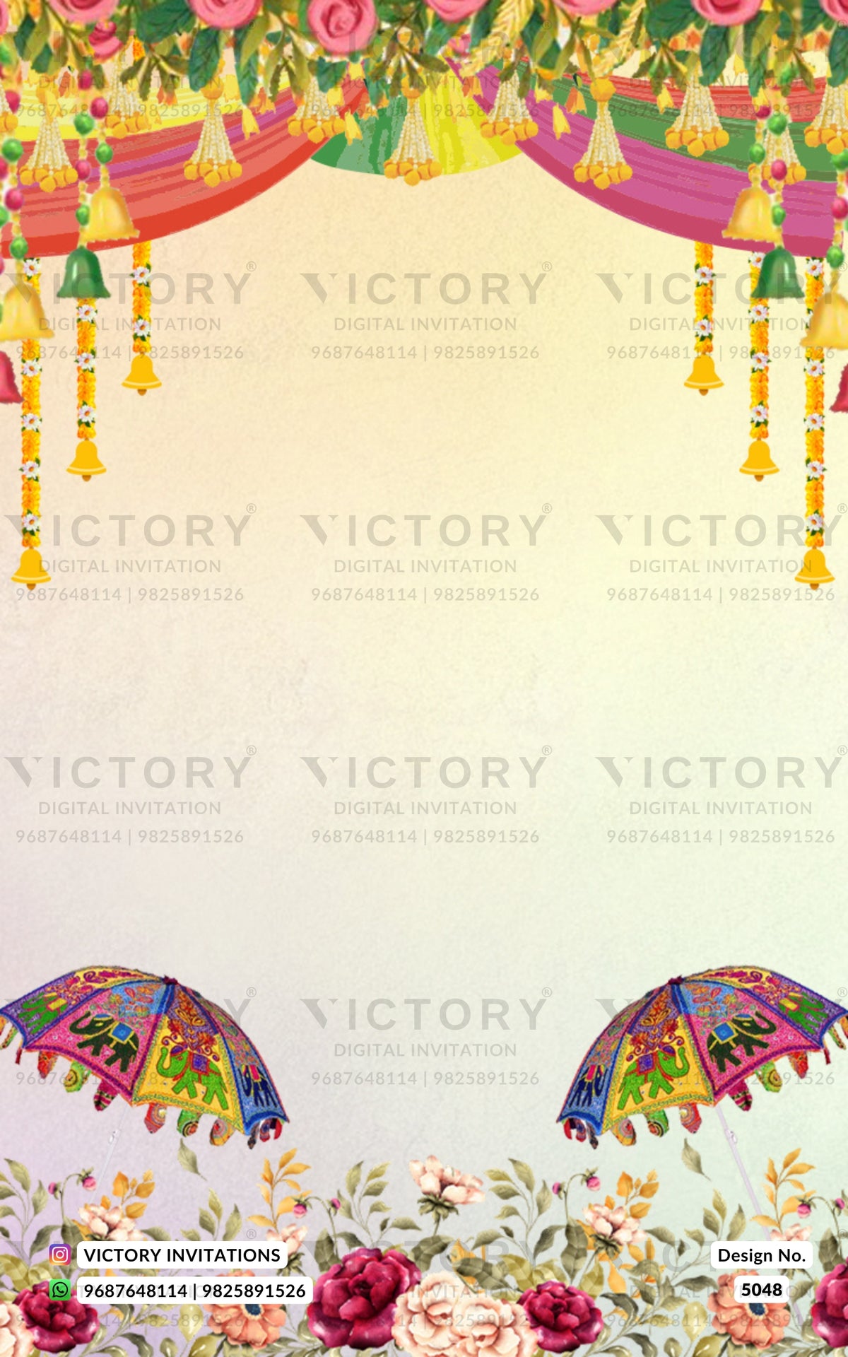 A decorative digital invitation template with a cream background, floral garlands at the top, two colorful patterned umbrellas near the bottom, and repeated 'VICTORY' watermarks across the design.