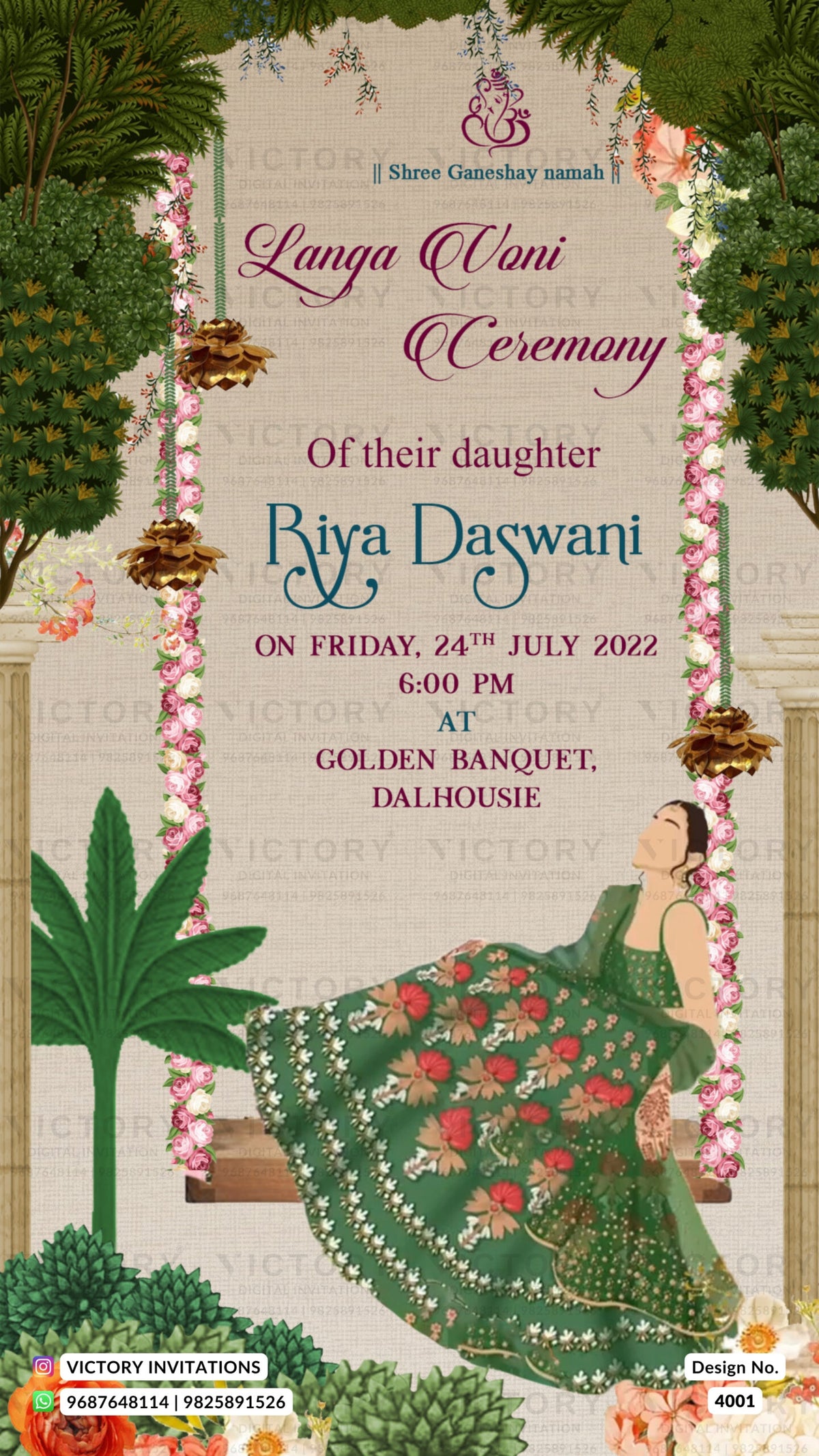 Langa Voni ceremony invitation card in english language with garden theme design 4001