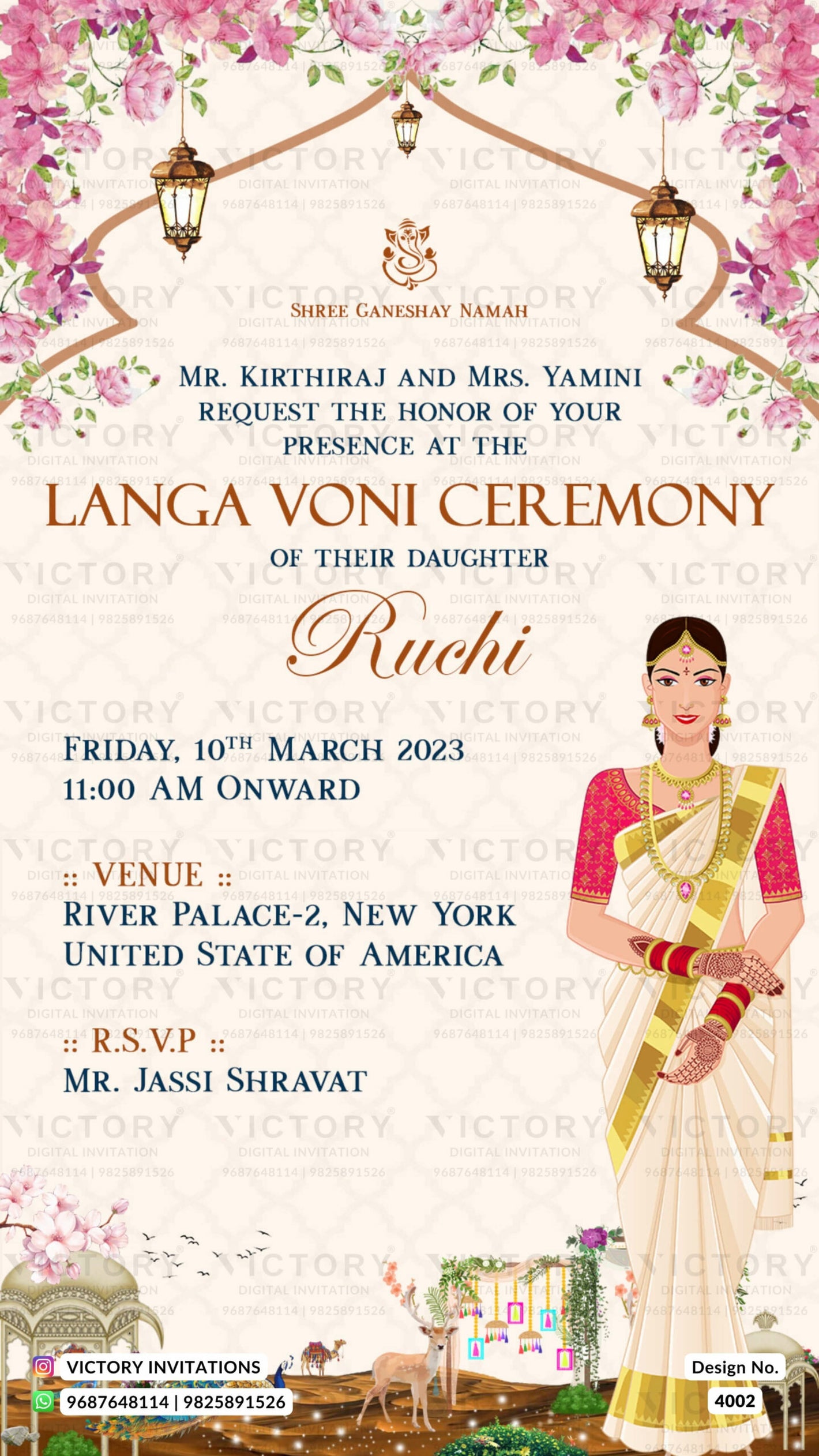 Langa Voni ceremony invitation card in english language with royal dessert theme design 4002