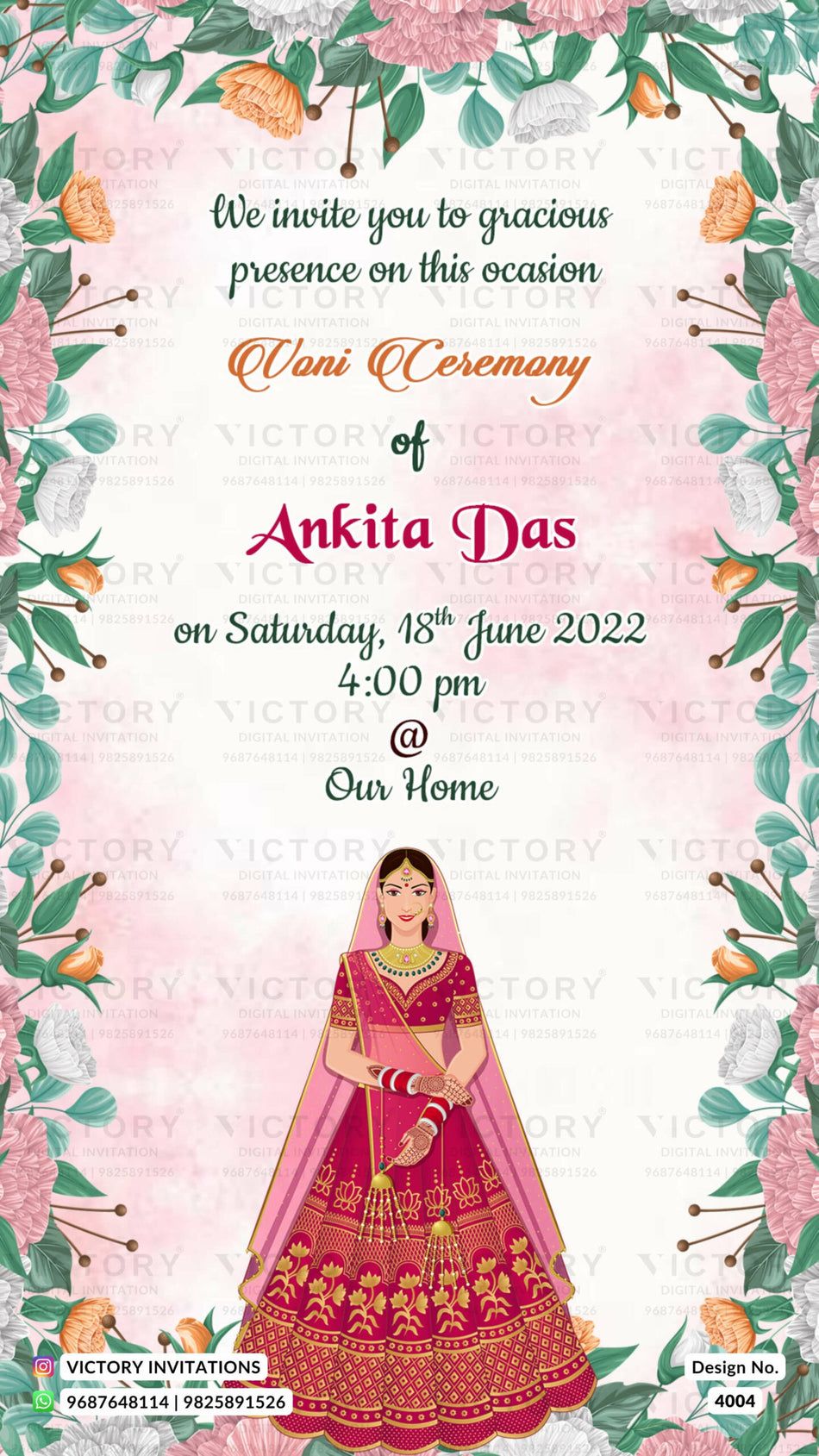 Voni ceremony invitation card in english language with artistic flower theme design 4004