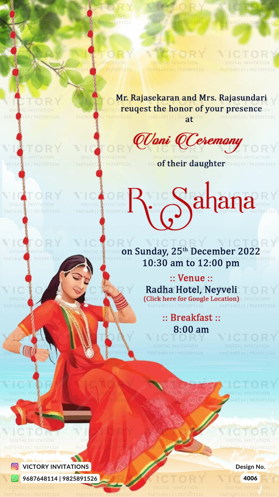 Voni ceremony invitation card in english language with beach theme design 4006