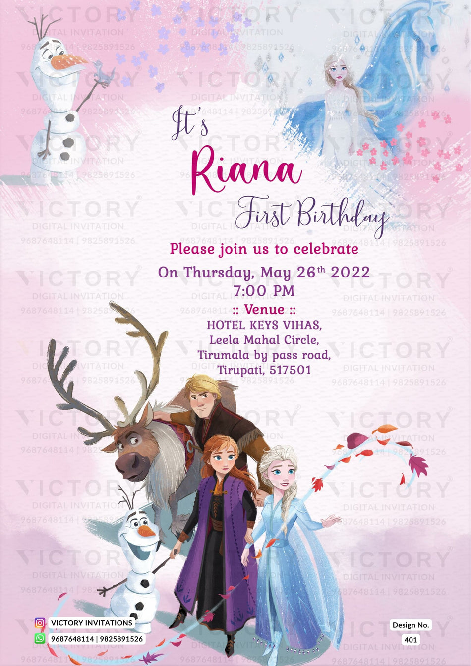 Birthday party invitation card for girl in english language with snowman as frozen theme design 401