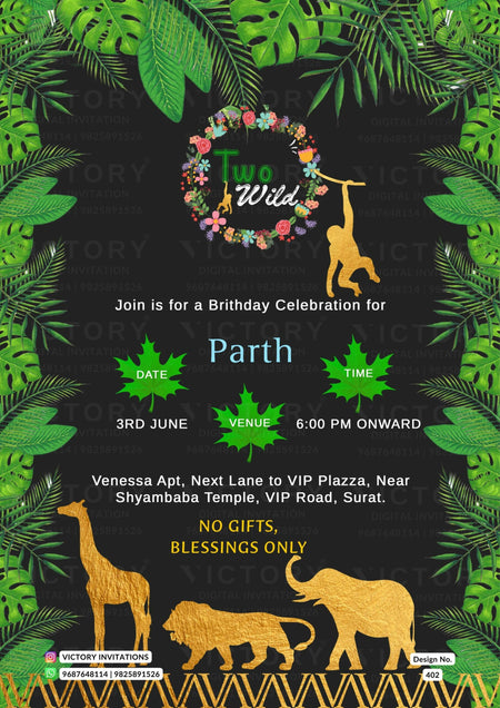 Birthday party invitation card in english language with animal as jungle theme design 402