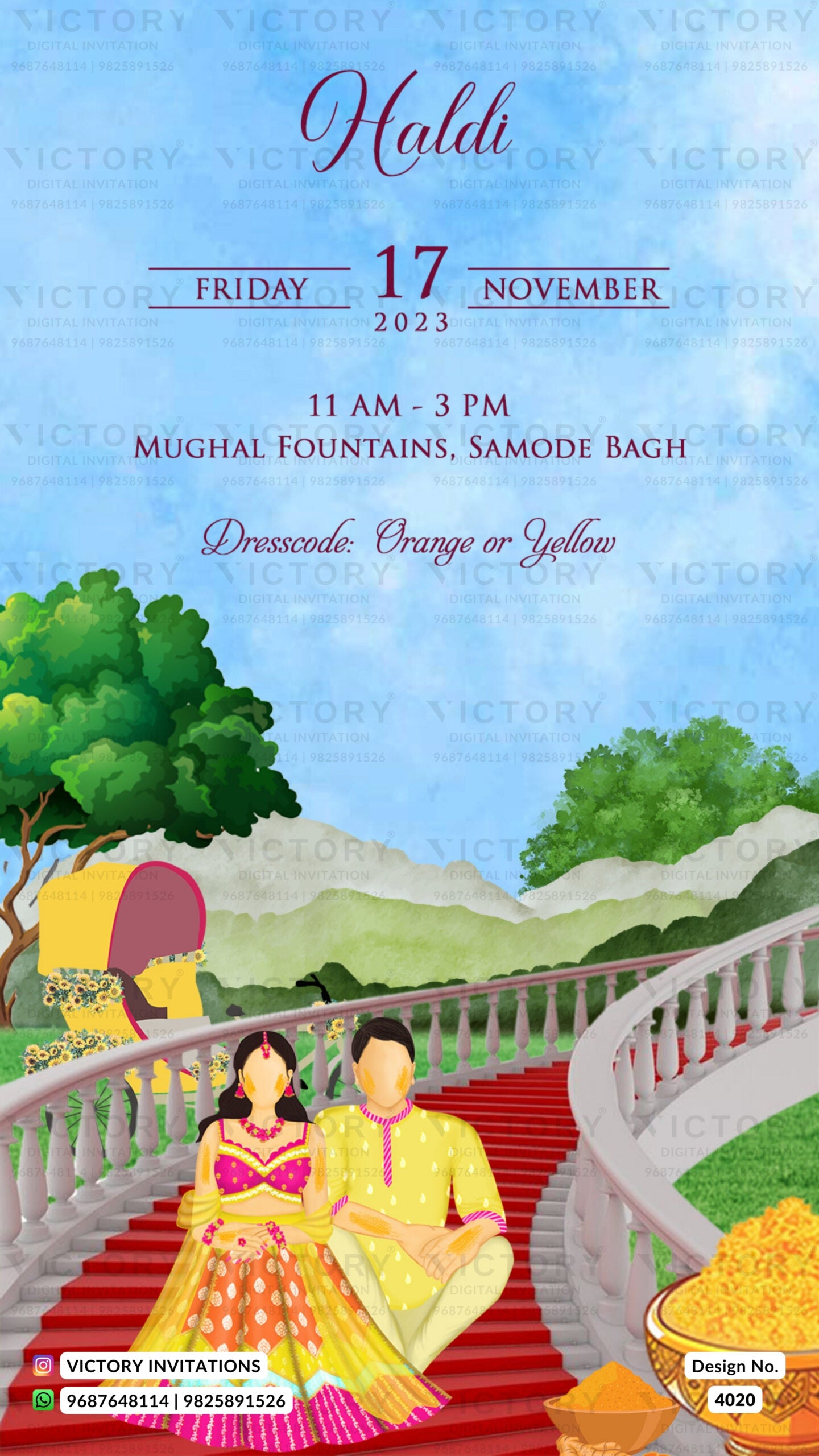 Haldi ceremony invitation card in english language with drums, marigold garland as garden theme design 4020