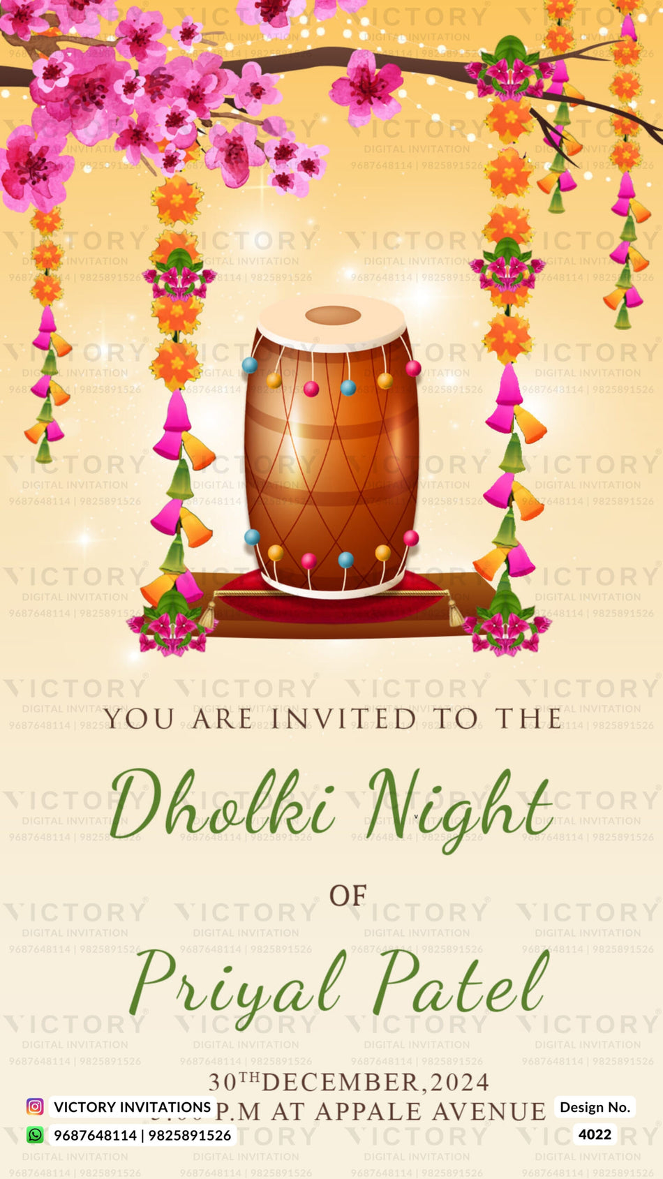 Dholki Night ceremony invitation card in english language with drums, flowerws as minimalistic theme design 4022