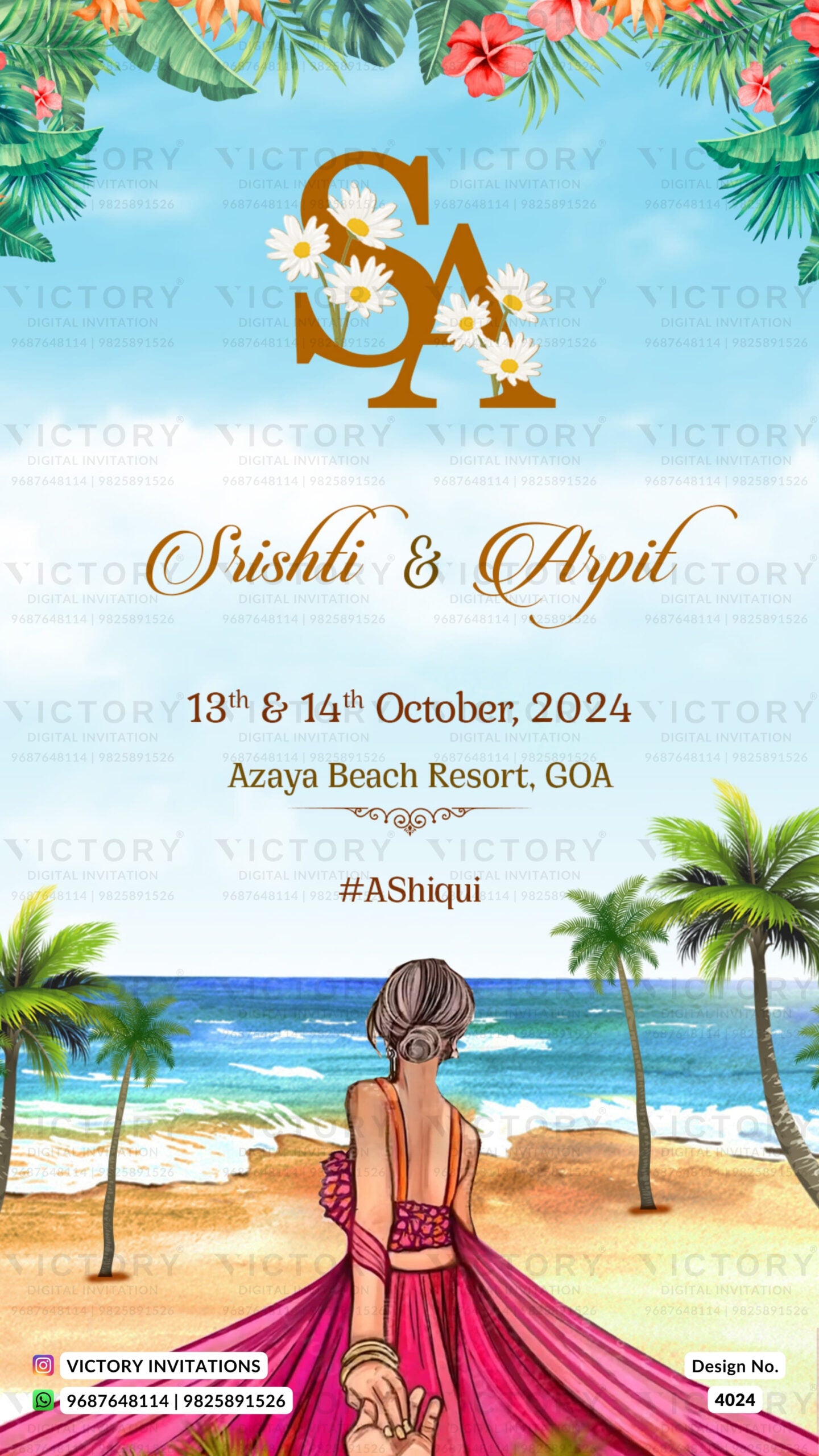 Wedding ceremony invitation card of hindu gujarati marathi family in english language with beach theme design 4024