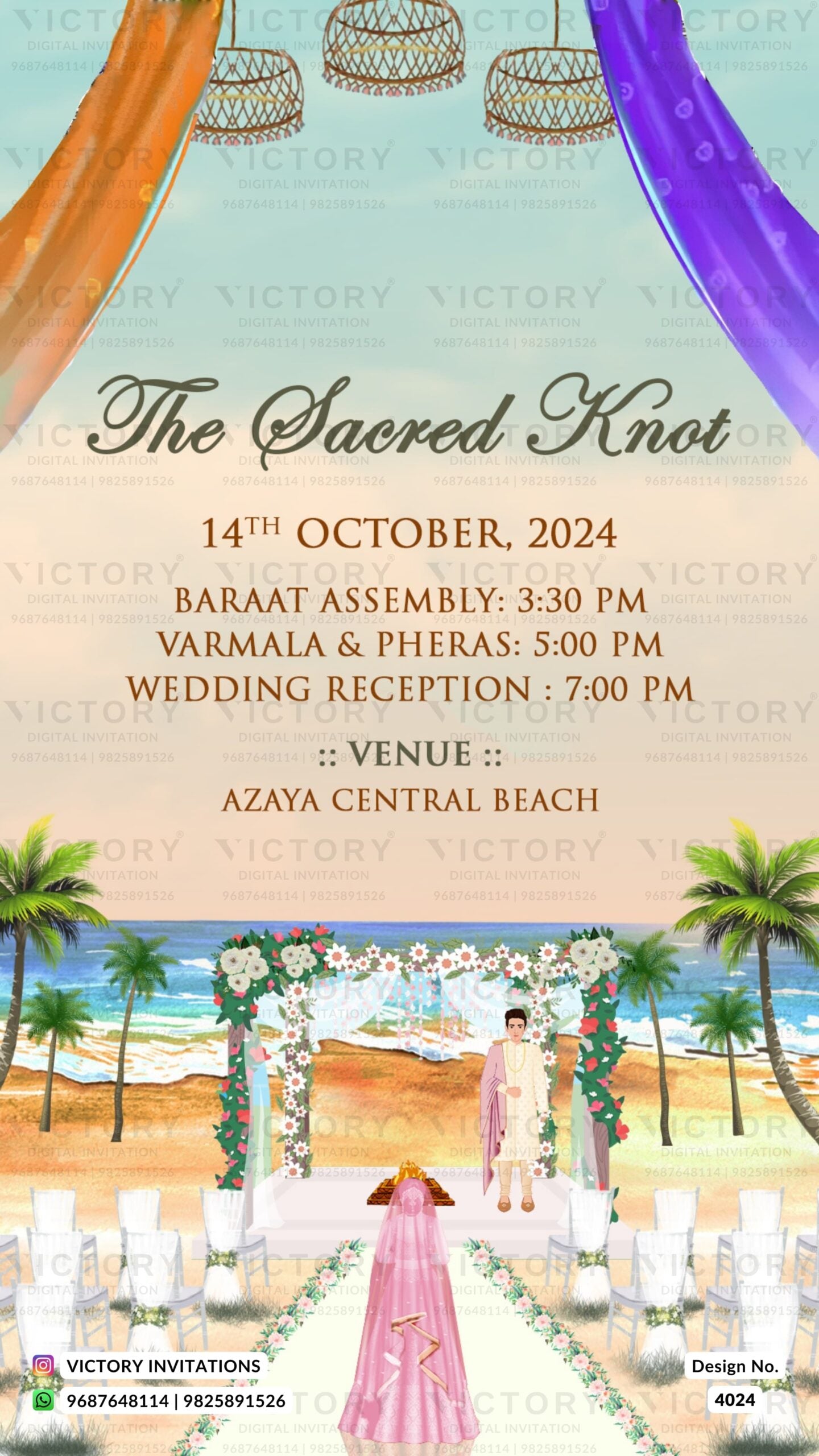 Wedding ceremony invitation card of hindu gujarati marathi family in english language with beach theme design 4024