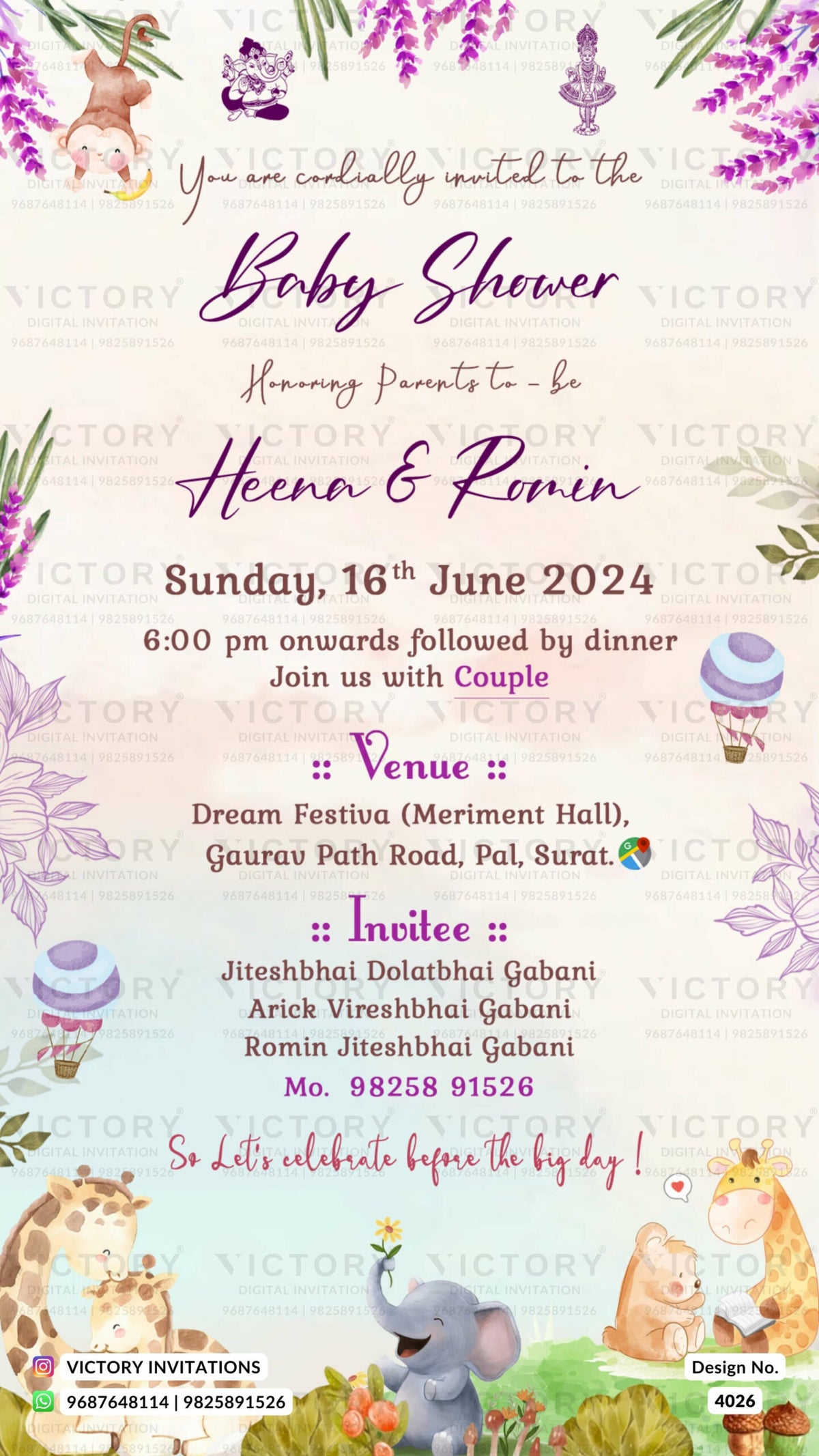 Baby Shower ceremony invitation card in english language with elephants, tulips as playful theme design 4026
