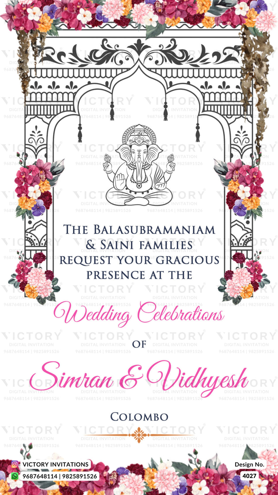 Romantic couple caricature invitation card for wedding ceremony of modern family family in english language with traditional theme design 4027