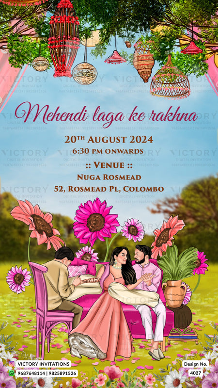 Romantic couple caricature invitation card for wedding ceremony of modern family family in english language with traditional theme design 4027