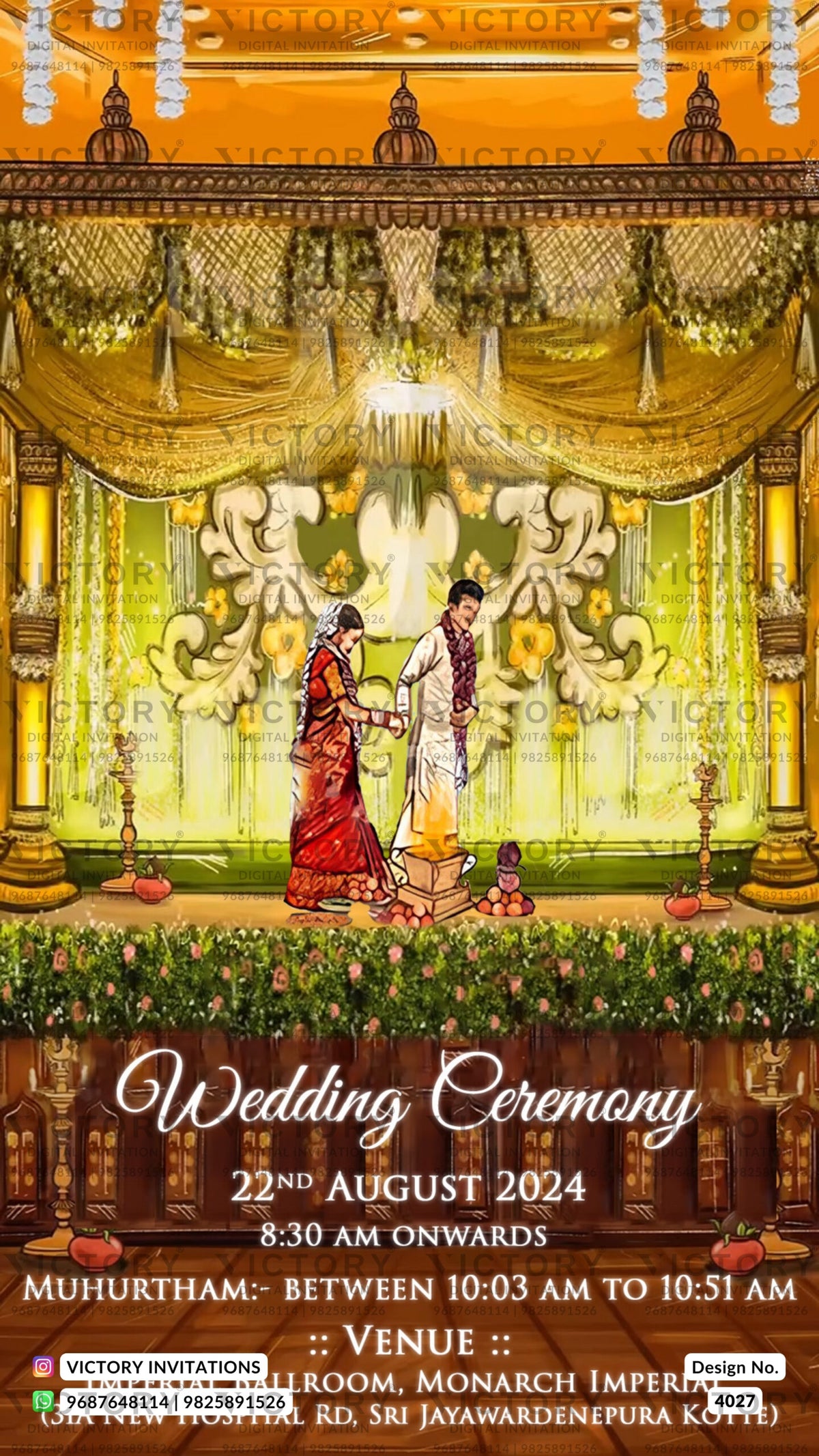 Romantic couple caricature invitation card for wedding ceremony of modern family family in english language with traditional theme design 4027