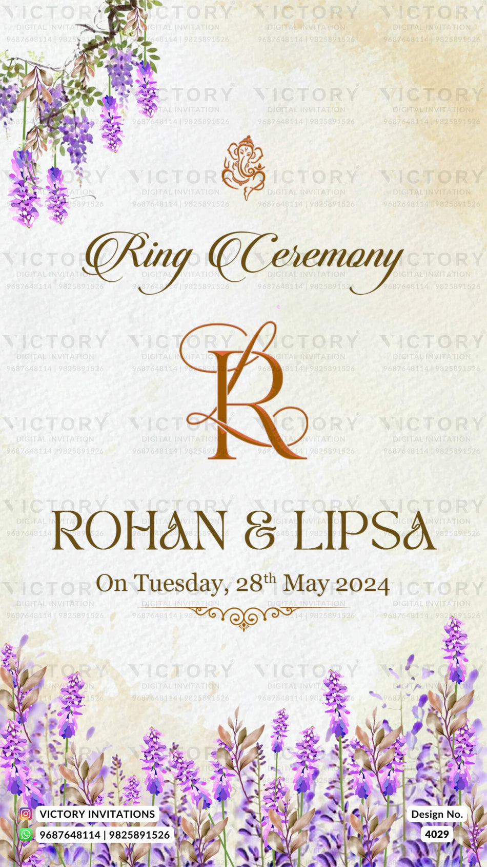 Chandla vidhi Engagement invitation card in gujarati language with couple logo, mandala, couple ring as traditional theme design 4029