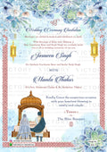 Anand Karaj Punjabi wedding Ceremony invitation card in english language with couple doodle, lantern, palki sahib as floral theme design 4031