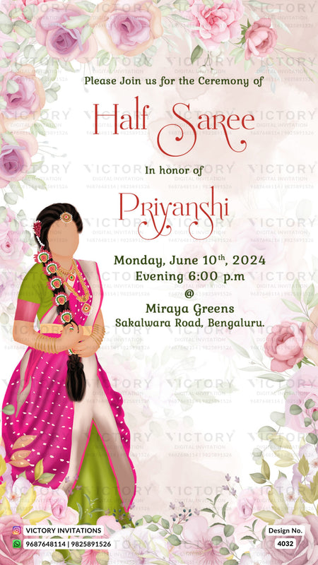 Half Saree ceremony invitation card in english language with floral theme design 4032