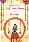 charming girl caricature welcome standee of Half Saree ceremony in English language with diya, garland as traditional theme design 4035