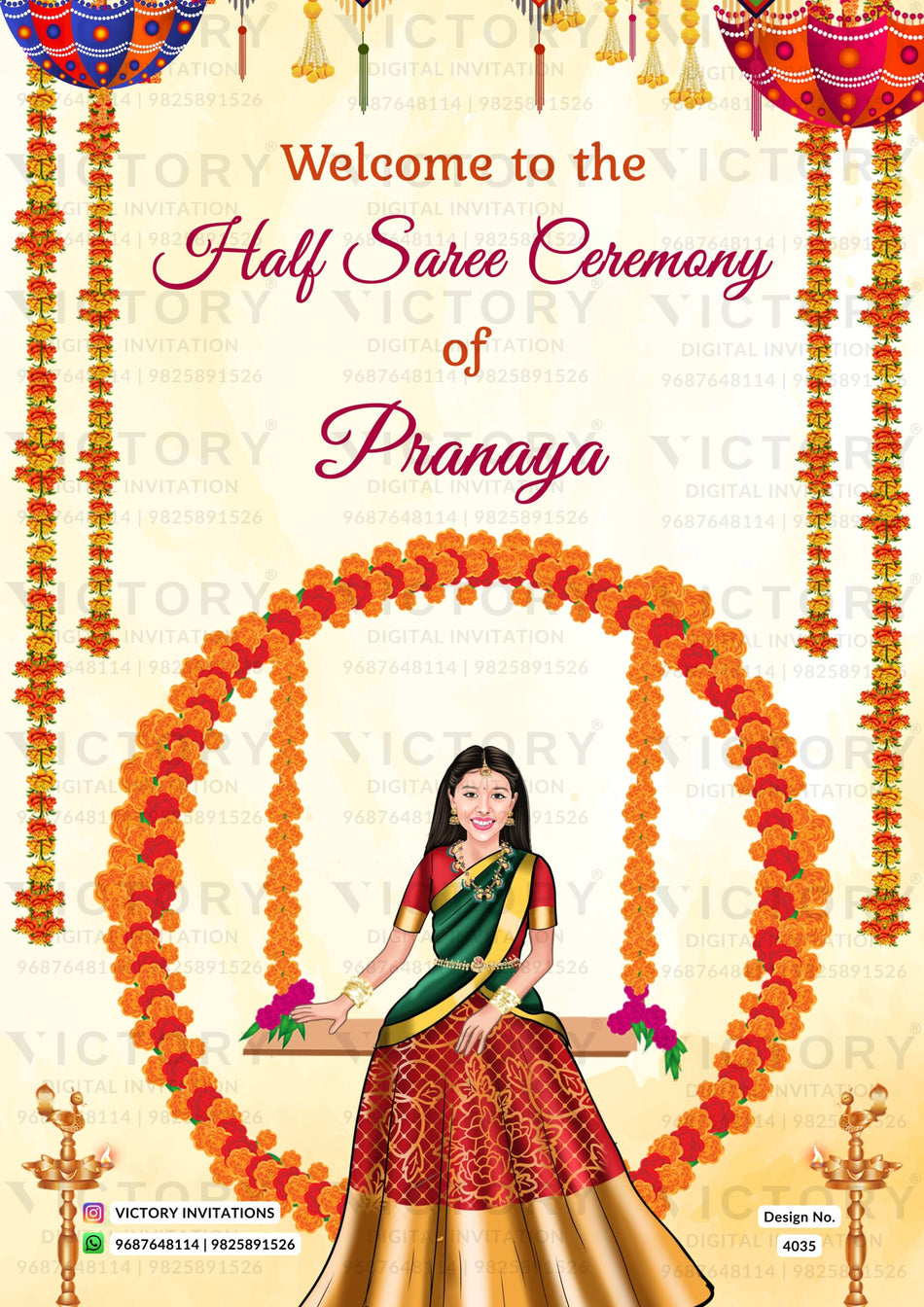charming girl caricature welcome standee of Half Saree ceremony in English language with diya, garland as traditional theme design 4035