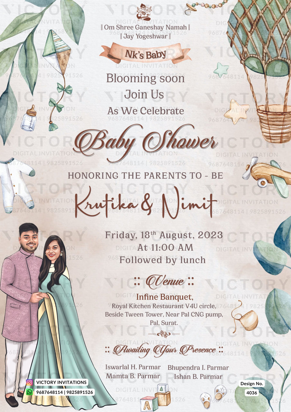 romantic couple caricature invitation card for Baby Shower ceremony in English language with leaves as playful theme design 4036