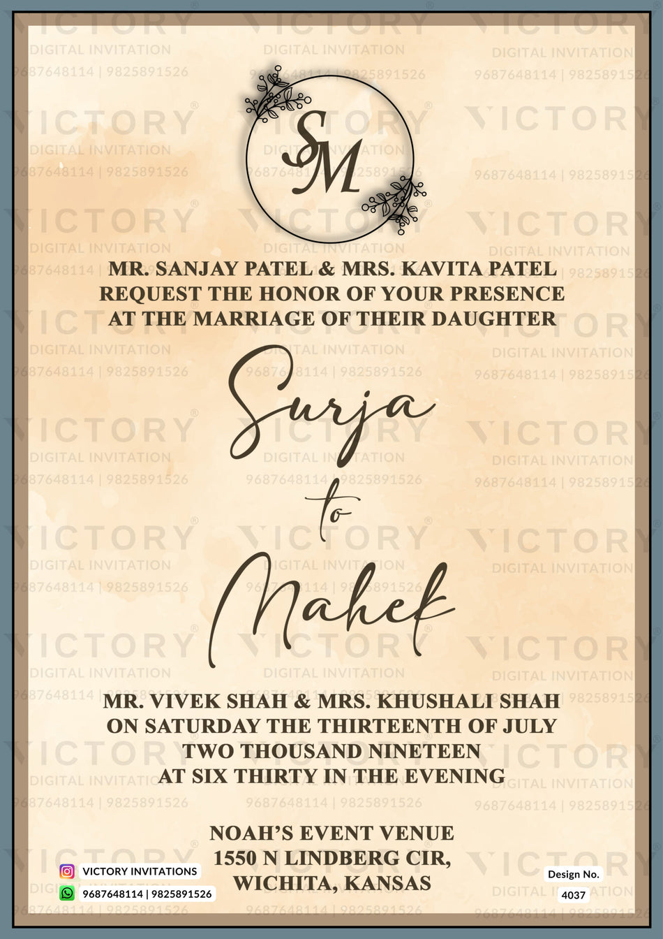 Wedding ceremony invitation card of hindu modern family in english language with minimalistic theme design 4037