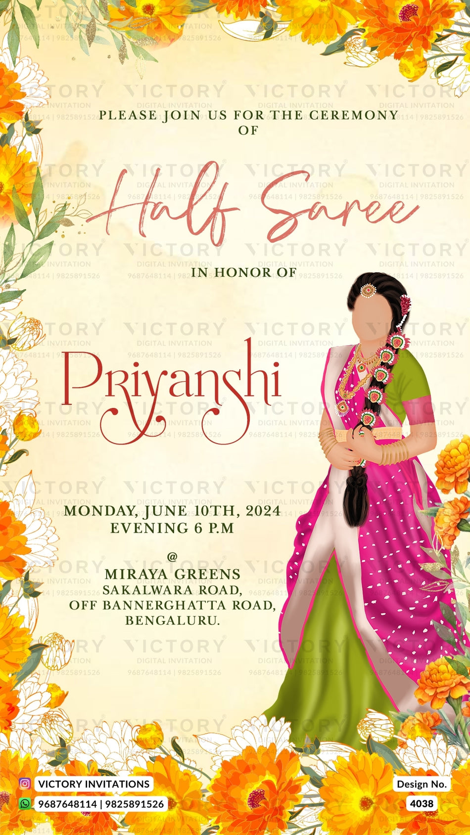 Half Saree ceremony invitation card in english language with floral theme design 4038