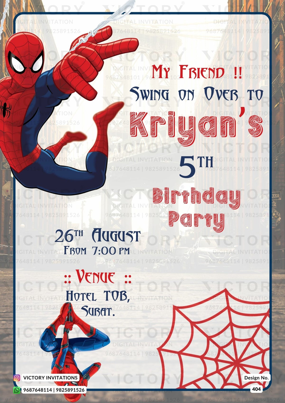 Birthday party invitation card in English language with spider man theme design 404