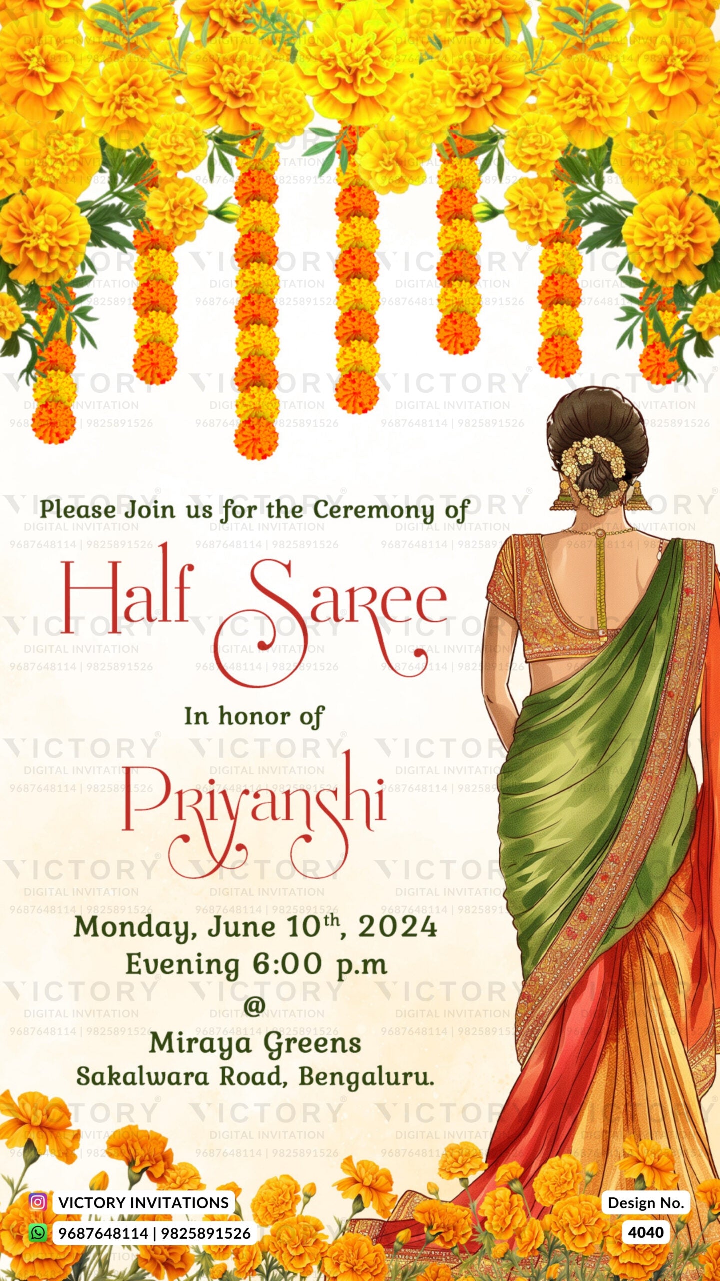 Half Saree ceremony invitation card in english language with floral theme design 4040