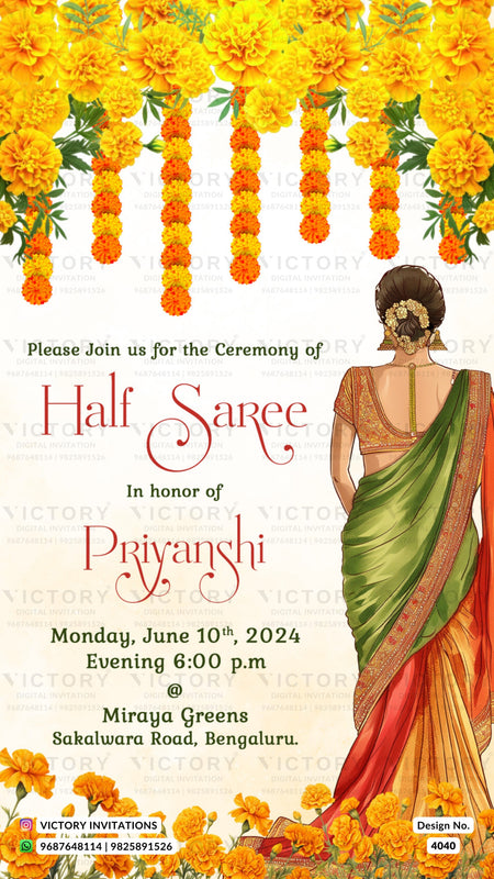 Half Saree ceremony invitation card in english language with floral theme design 4040