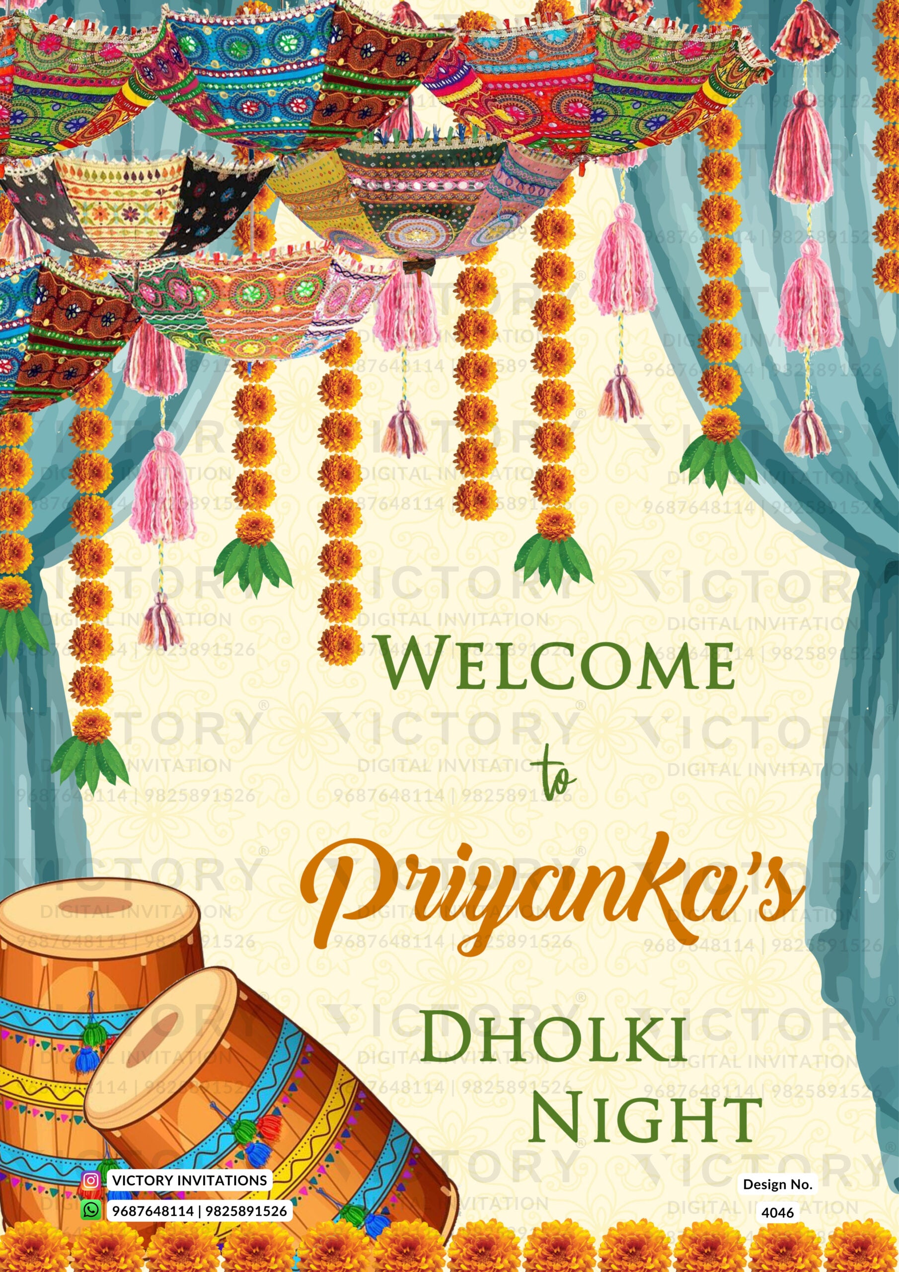 Dholak Night Welcome Standee design in english language with umbrella, dholak, curtain, flowers as traditional theme design 4046