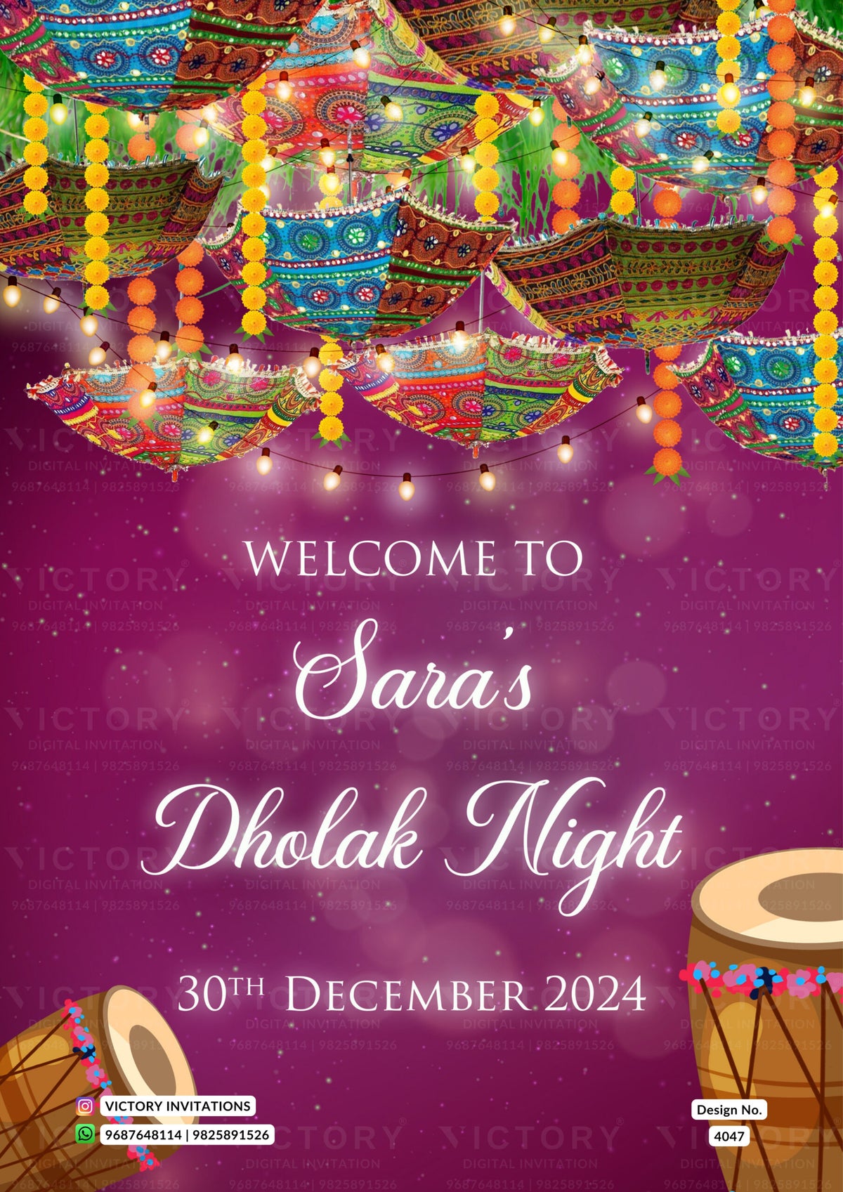 Dholak Night Welcome Standee design in english language with umbrella, dholak, flowers as glittery theme design 4047
