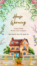House Warming ceremony invitation card in english language with house, flowers as floral theme design 4050