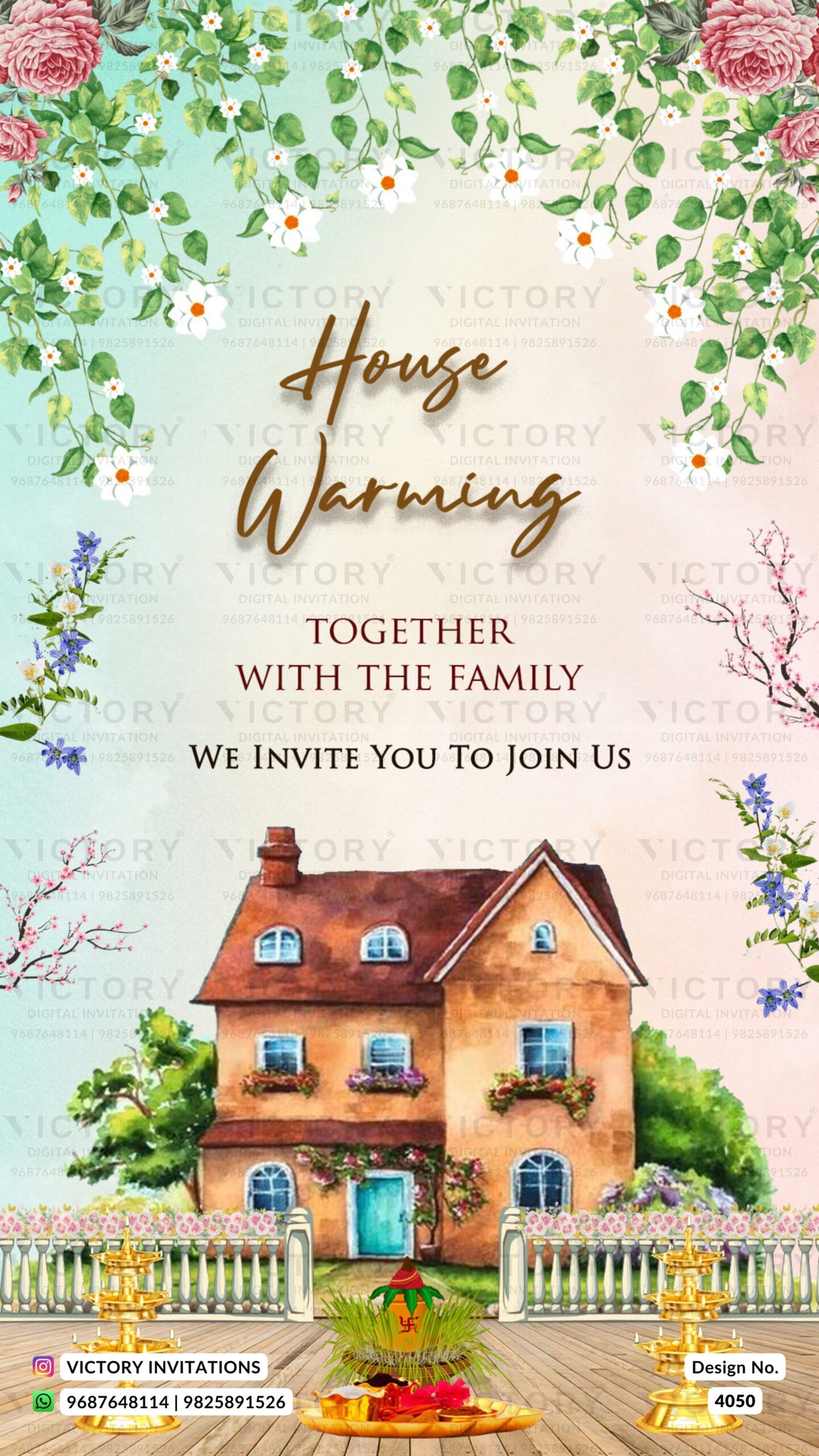 House Warming ceremony invitation card in english language with house, flowers as floral theme design 4050