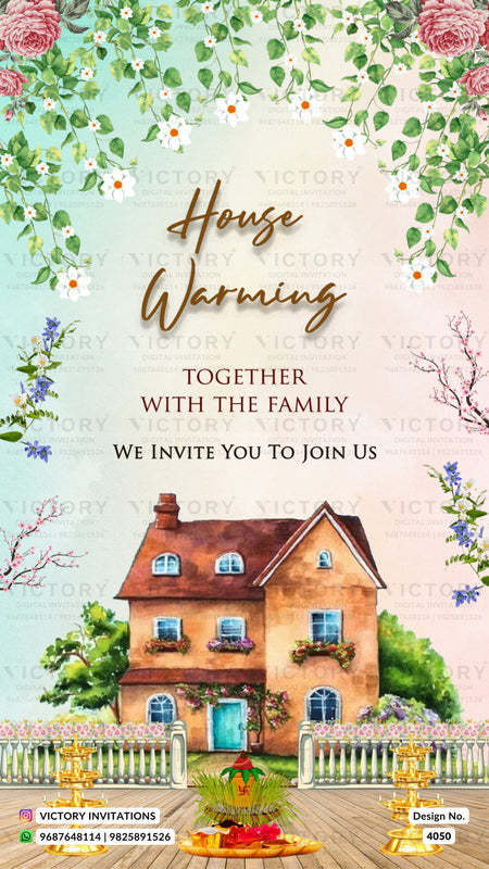 House Warming ceremony invitation card in english language with house, flowers as floral theme design 4050