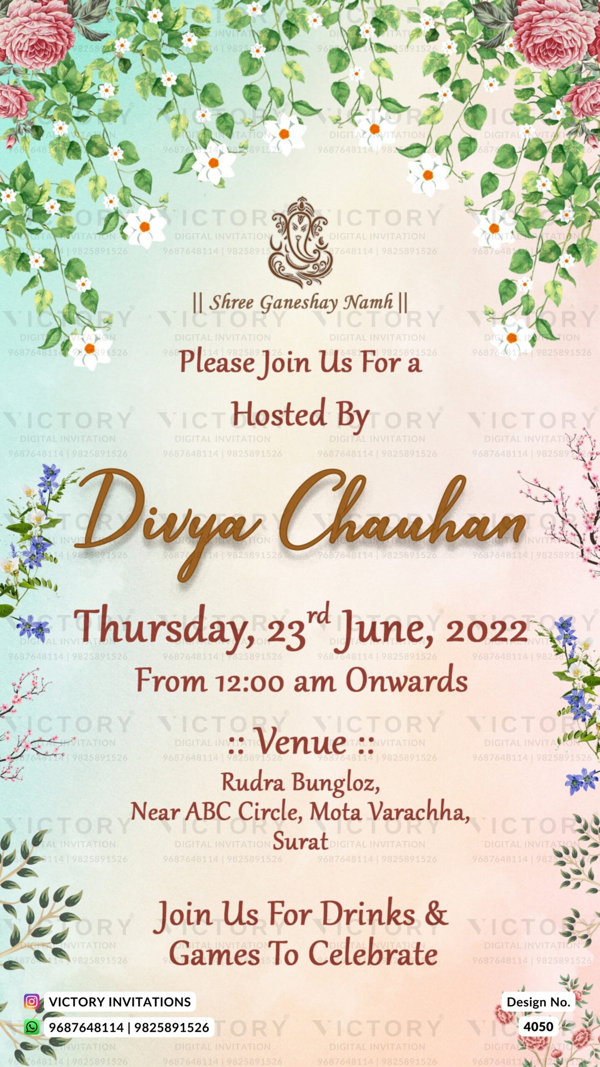 House Warming ceremony invitation card in english language with house, flowers as floral theme design 4050