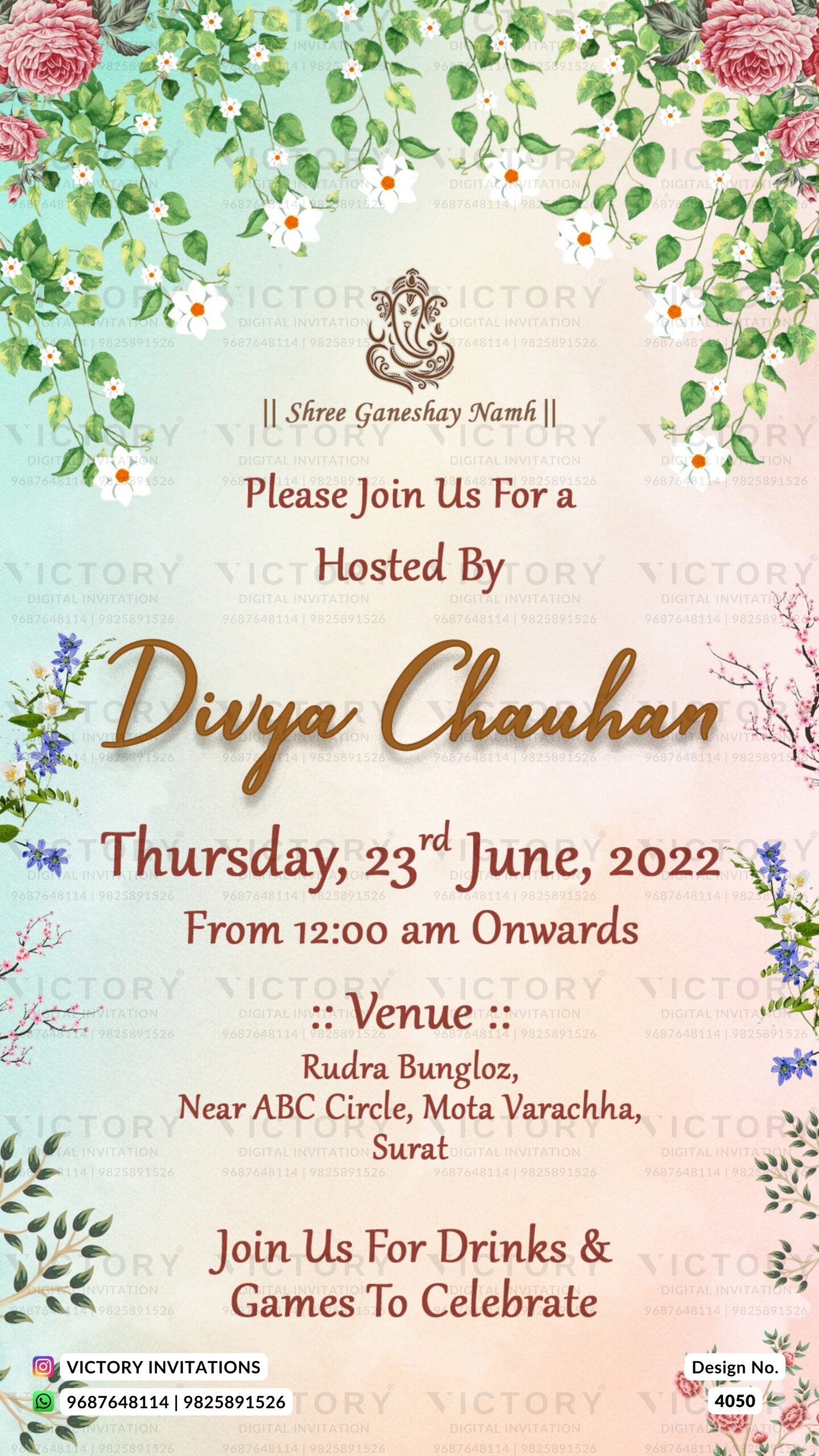 House Warming ceremony invitation card in english language with house, flowers as floral theme design 4050