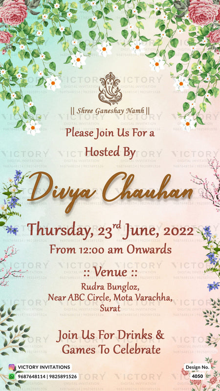 House Warming ceremony invitation card in english language with house, flowers as floral theme design 4050