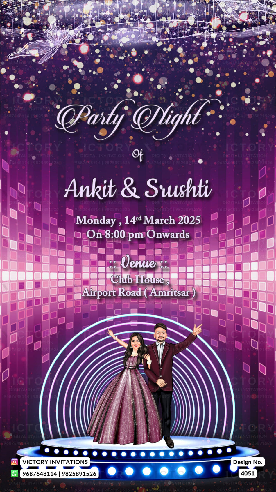 Glittery couple caricature invitation card for Sangeet Sandhya in English language with lights as shining theme design 4051