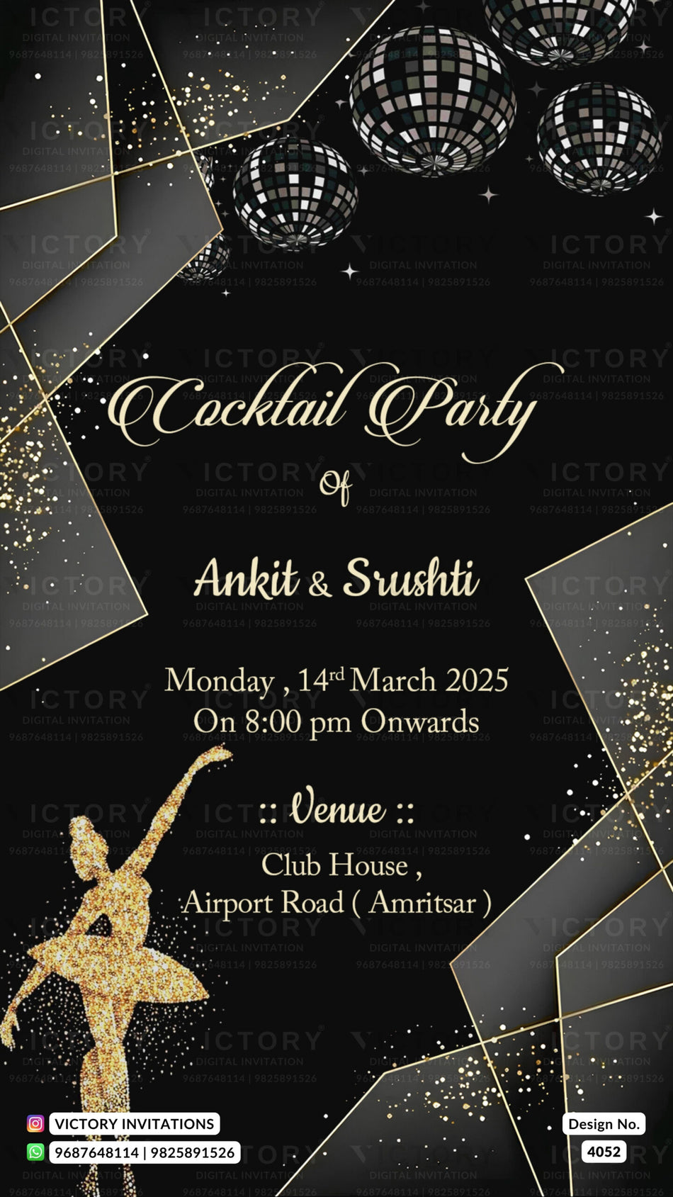 Cocktail Party invitation card in english language with glittery theme design 4052