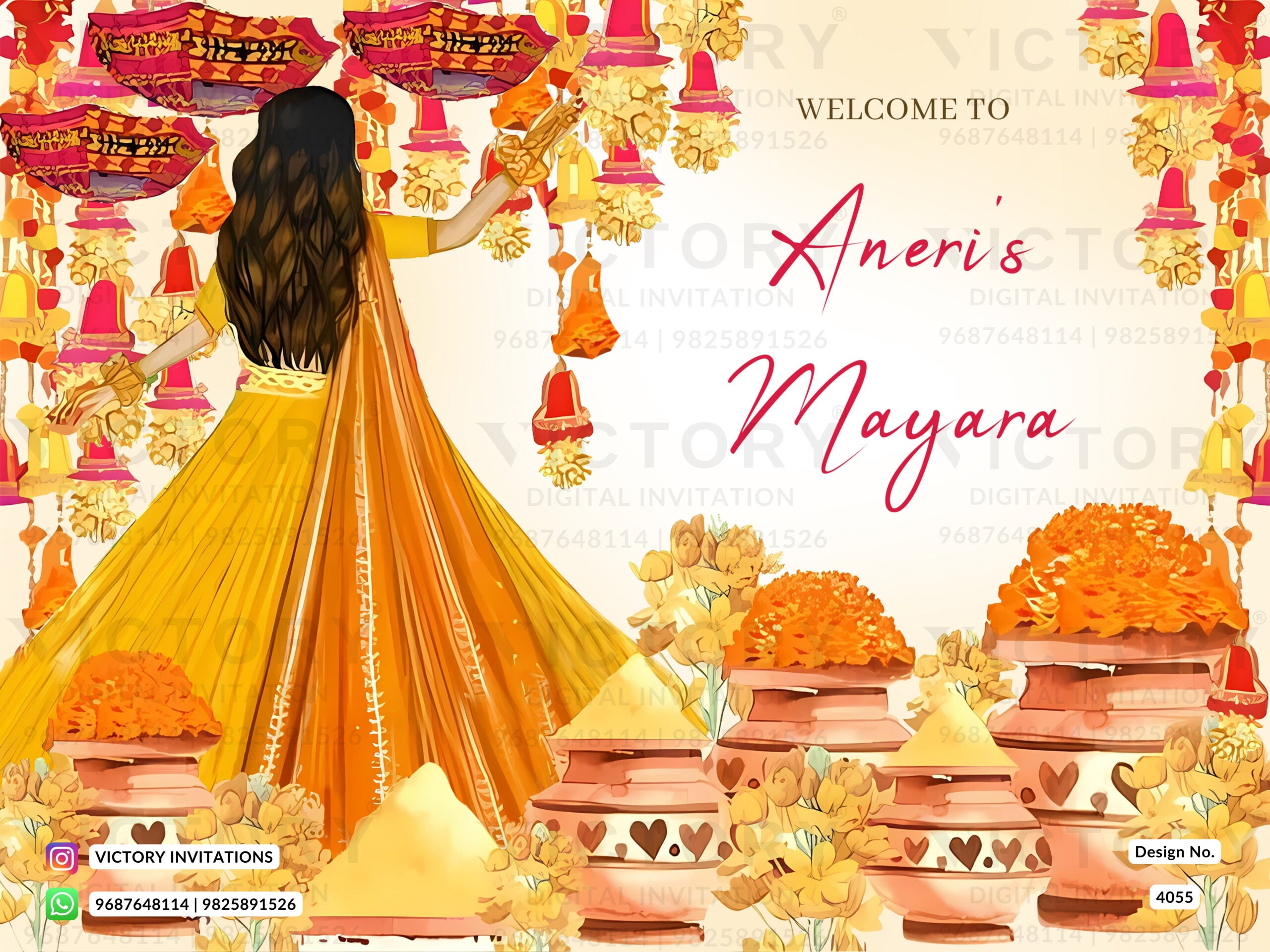 Mayra Welcome Standee design in english language with doodle, flowers as floral theme design 4055