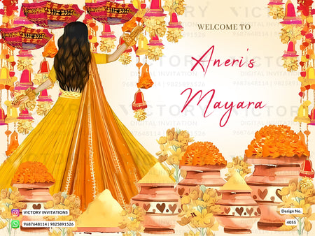 Mayra Welcome Standee design in english language with doodle, flowers as floral theme design 4055