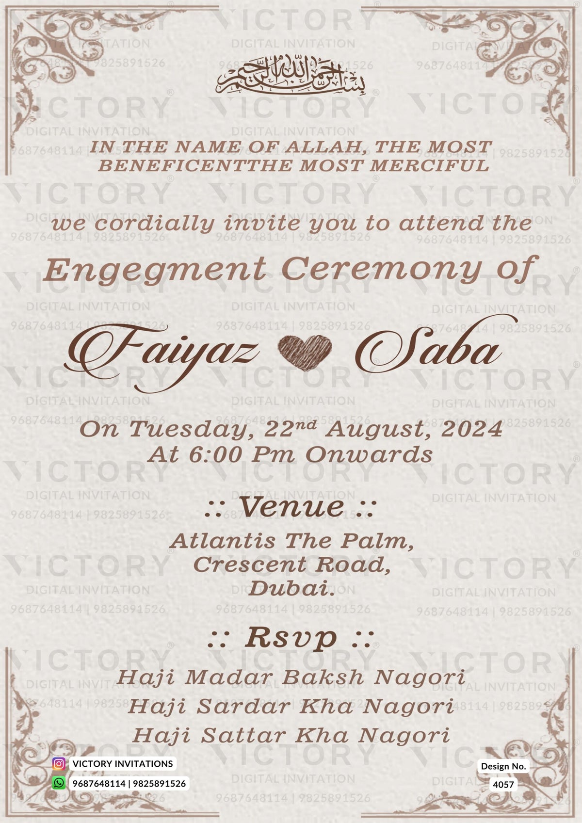Muslim Engagement invitation card of Islamic family in English language with minimalistic theme design 4057