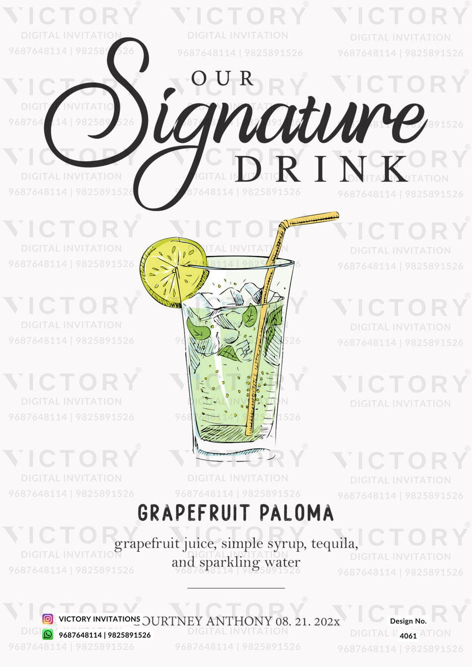 Signature Drink party invitation card in english language with glass as minimalistic theme design 4061
