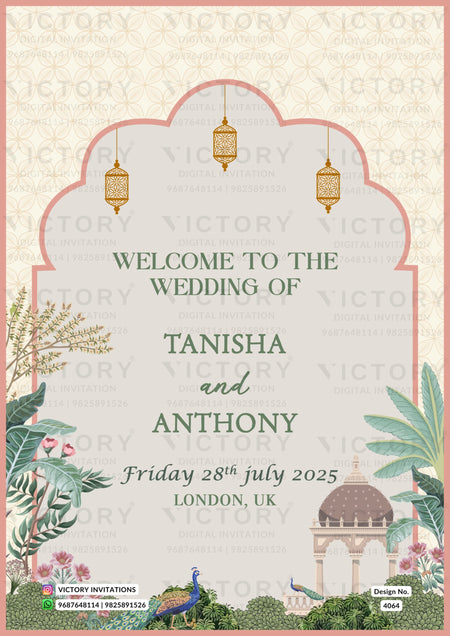 Wedding ceremony invitation card of hindu gujarati patel family in english language with arch theme design 4064