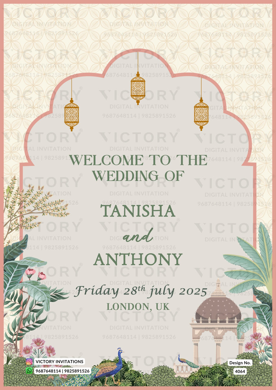 Wedding ceremony invitation card of hindu gujarati patel family in english language with arch theme design 4064