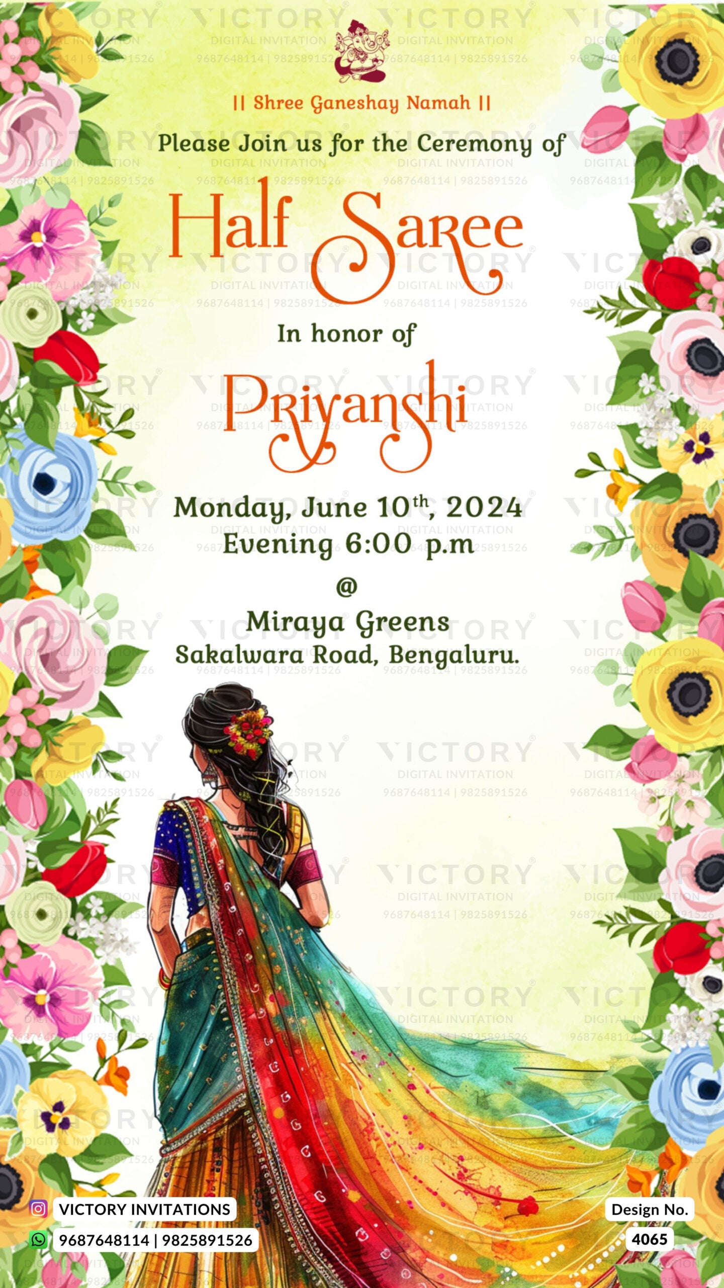Half Saree ceremony invitation card in english language with floral theme design 4065