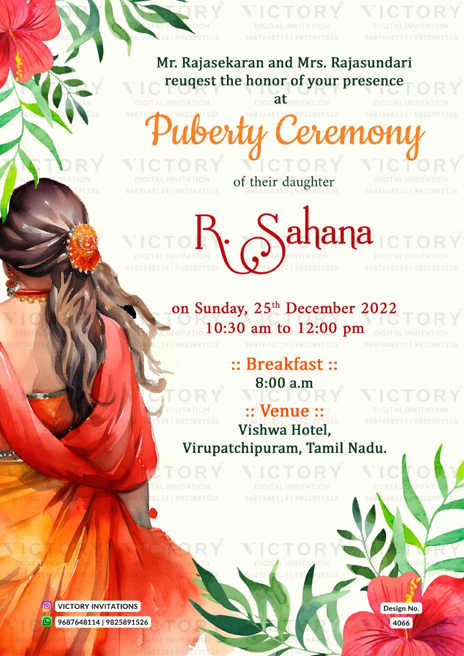 Puberty ceremony invitation card in english language with girl doodle, leaves as floral theme design 4066